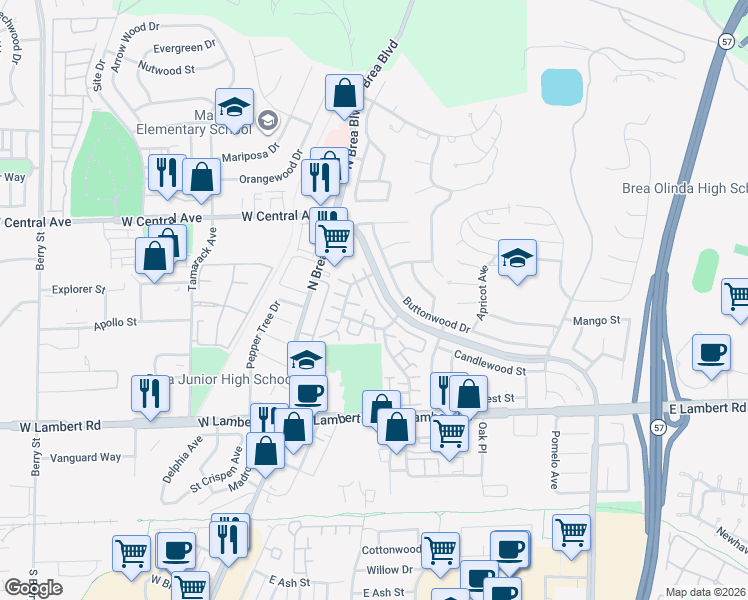 map of restaurants, bars, coffee shops, grocery stores, and more near 242 Mountain Court in Brea