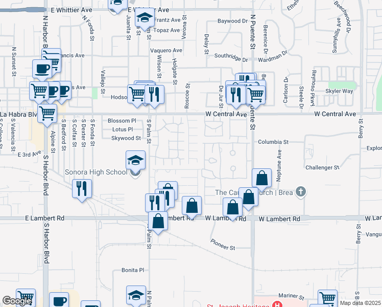 map of restaurants, bars, coffee shops, grocery stores, and more near 1522 Shaffer Court in Brea