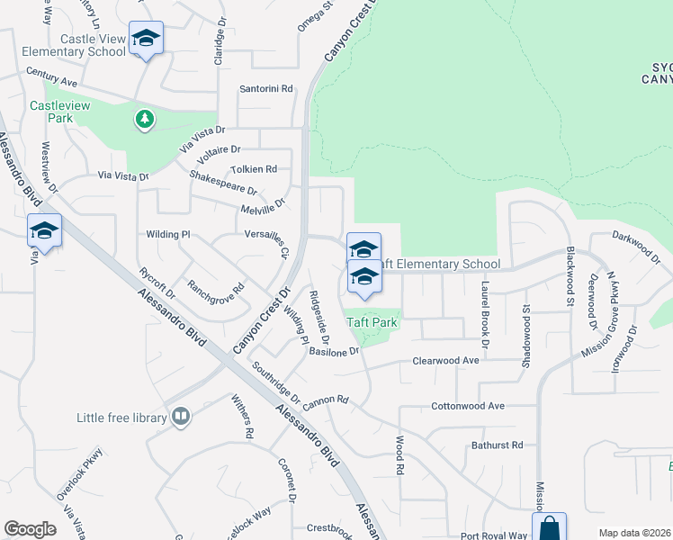 map of restaurants, bars, coffee shops, grocery stores, and more near 6753 New Ridge Dr in Riverside