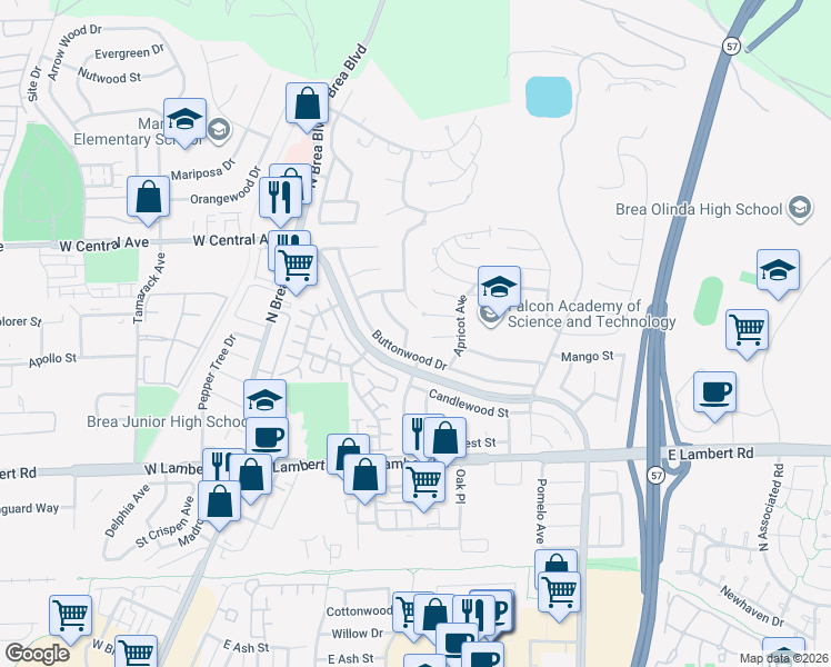 map of restaurants, bars, coffee shops, grocery stores, and more near 391 Buttonwood Drive in Brea