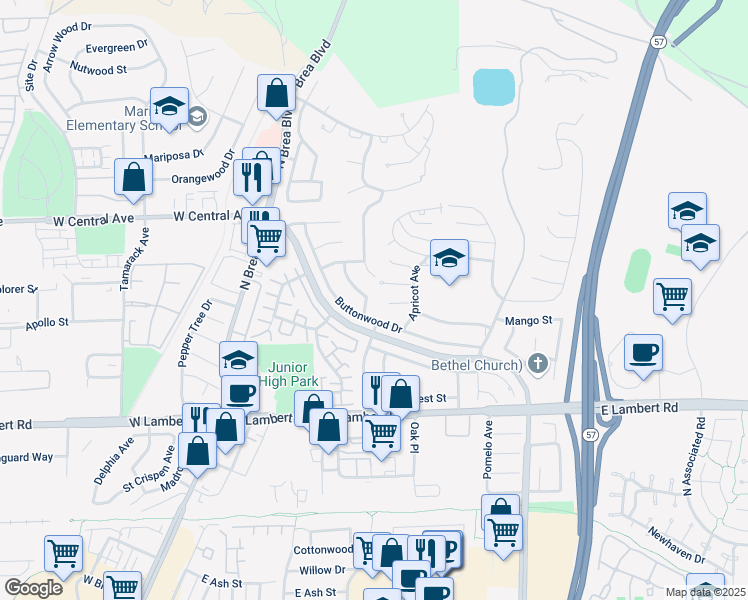 map of restaurants, bars, coffee shops, grocery stores, and more near 640 Cliffwood Avenue in Brea
