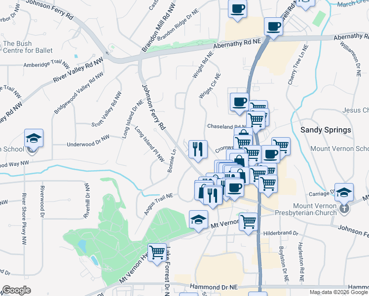 map of restaurants, bars, coffee shops, grocery stores, and more near 35 High Top Road in Sandy Springs