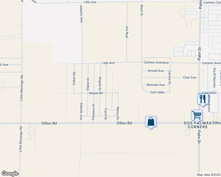 map of restaurants, bars, coffee shops, grocery stores, and more near Mauna Loa Road in Desert Hot Springs