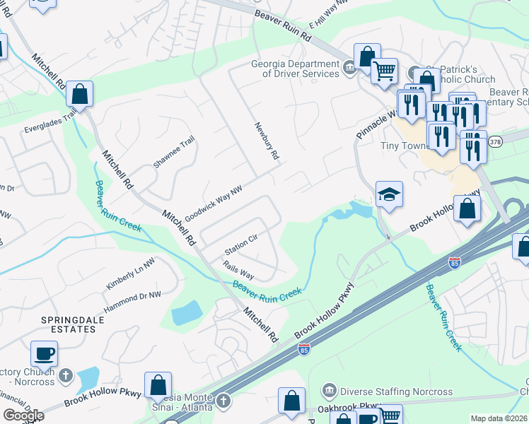map of restaurants, bars, coffee shops, grocery stores, and more near 5381 Station Circle in Norcross