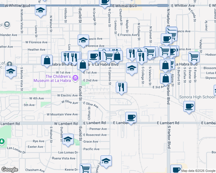 map of restaurants, bars, coffee shops, grocery stores, and more near 355 South Cypress Street in La Habra