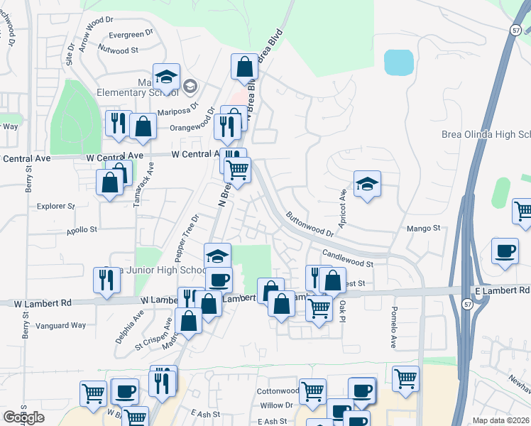 map of restaurants, bars, coffee shops, grocery stores, and more near 242 Mountain Court in Brea