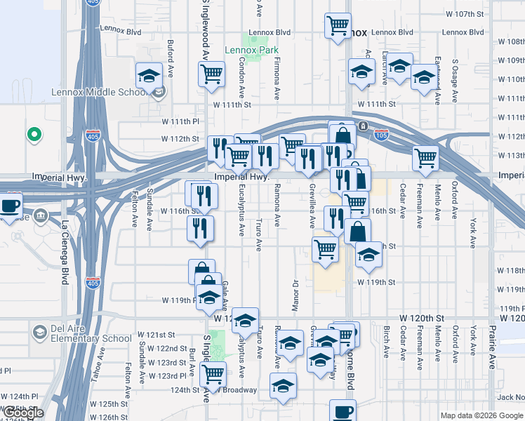 map of restaurants, bars, coffee shops, grocery stores, and more near 12726 South Truro Avenue in Hawthorne