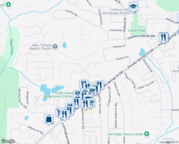 map of restaurants, bars, coffee shops, grocery stores, and more near 980 Laurel Springs Lane Southwest in Marietta