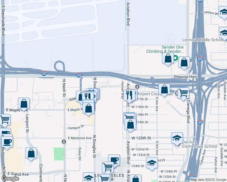 map of restaurants, bars, coffee shops, grocery stores, and more near 888 North Douglas Street in El Segundo