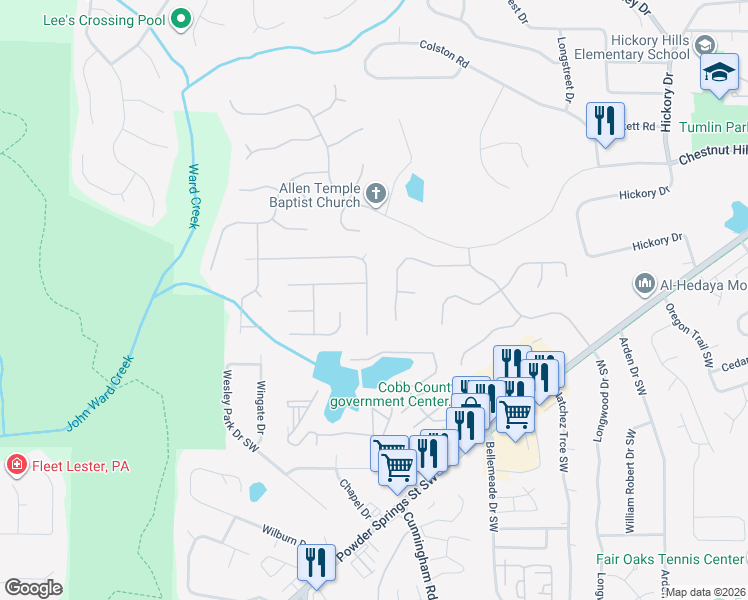 map of restaurants, bars, coffee shops, grocery stores, and more near 922 Denmeade Walk Southwest in Marietta