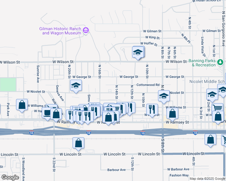 map of restaurants, bars, coffee shops, grocery stores, and more near 1443 West Nicolet Street in Banning