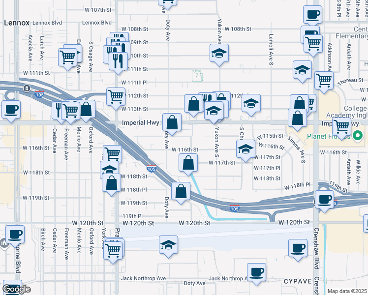map of restaurants, bars, coffee shops, grocery stores, and more near 3717 West 116th Street in Hawthorne