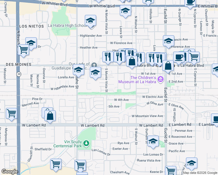 map of restaurants, bars, coffee shops, grocery stores, and more near 330 South Monte Vista Street in La Habra