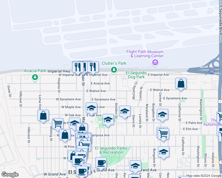map of restaurants, bars, coffee shops, grocery stores, and more near 401 East Walnut Avenue in El Segundo