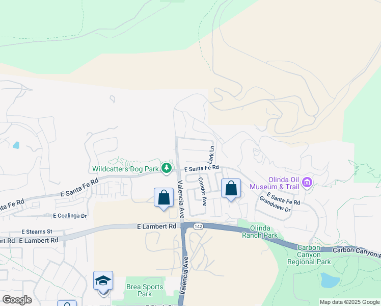 map of restaurants, bars, coffee shops, grocery stores, and more near 3631 Skylark Way in Brea