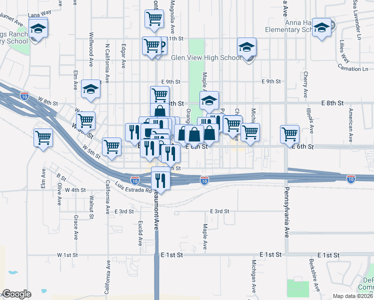 map of restaurants, bars, coffee shops, grocery stores, and more near 595 East 6th Street in Beaumont