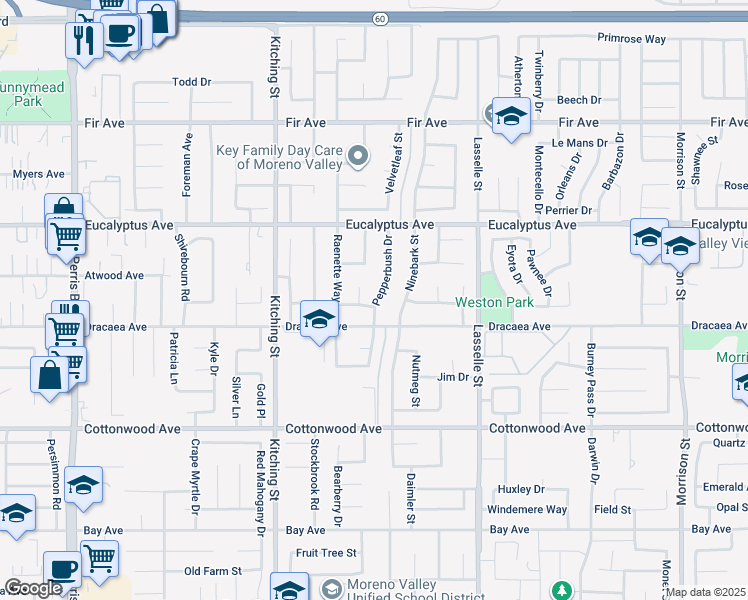 map of restaurants, bars, coffee shops, grocery stores, and more near 13248 Pepperbush Drive in Moreno Valley