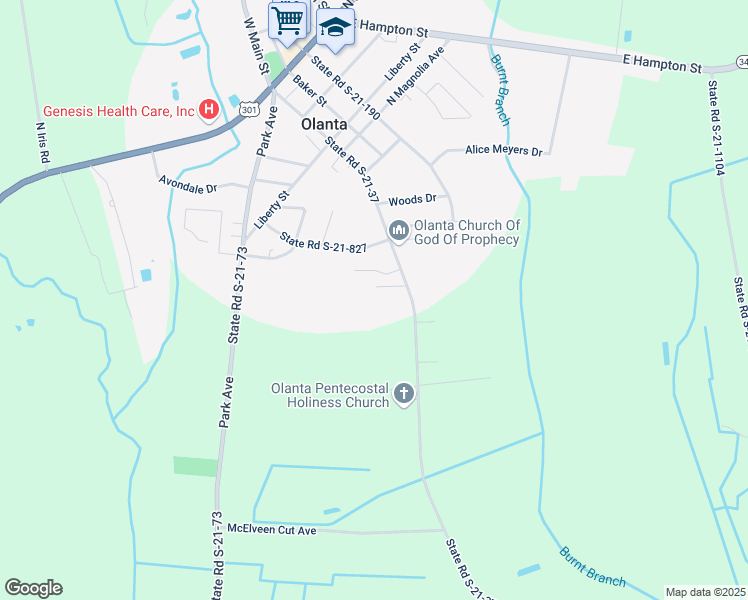 map of restaurants, bars, coffee shops, grocery stores, and more near 903 Central Road in Olanta