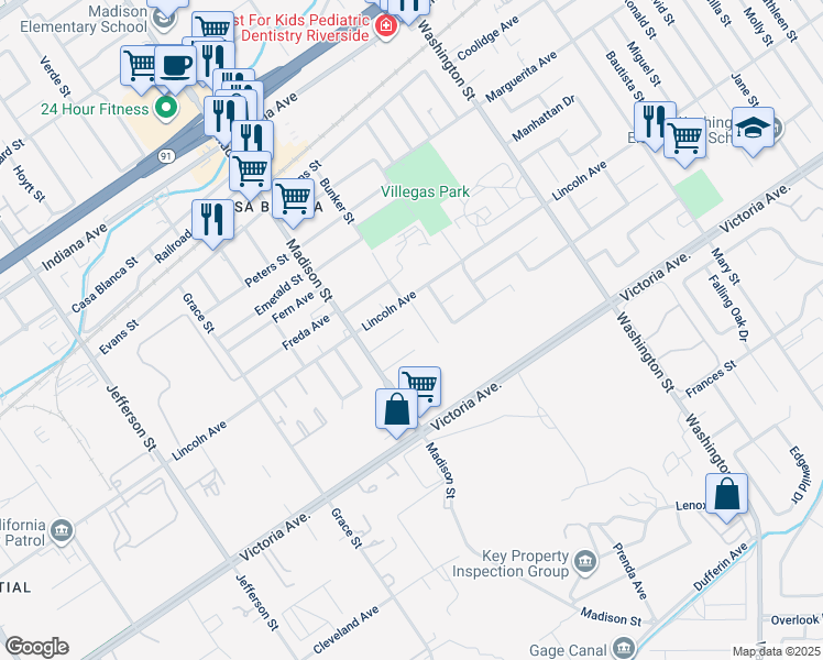 map of restaurants, bars, coffee shops, grocery stores, and more near 7416 El Sol Way in Riverside
