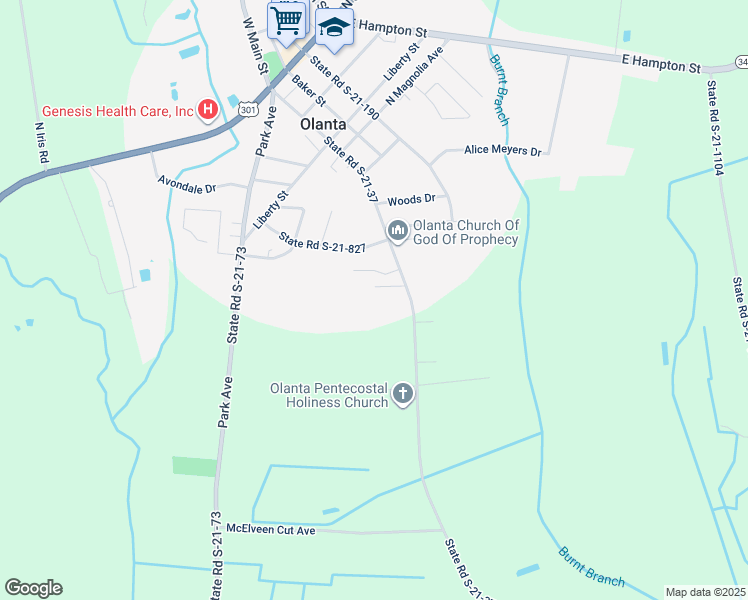 map of restaurants, bars, coffee shops, grocery stores, and more near 903 Central Road in Olanta