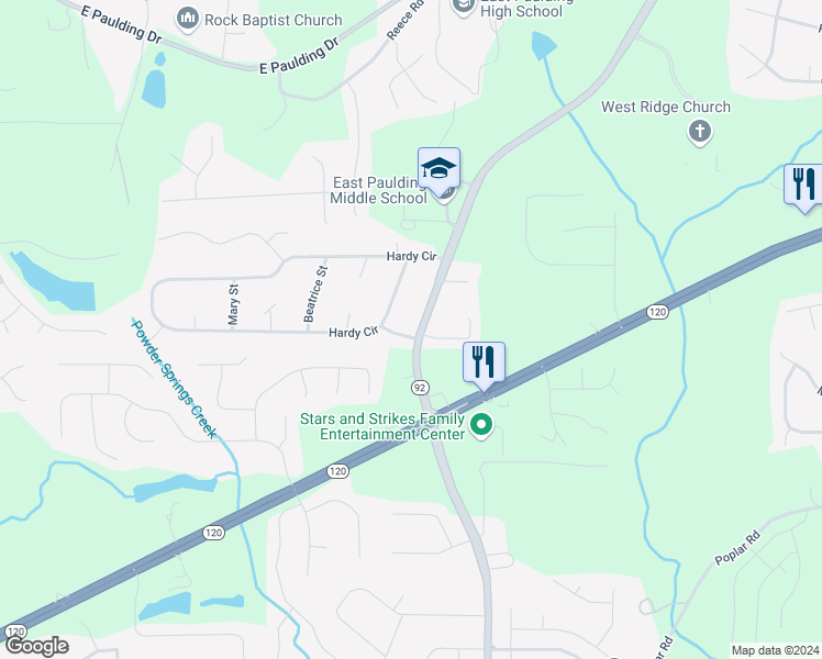 map of restaurants, bars, coffee shops, grocery stores, and more near 2681 Hiram Acworth Highway in Dallas