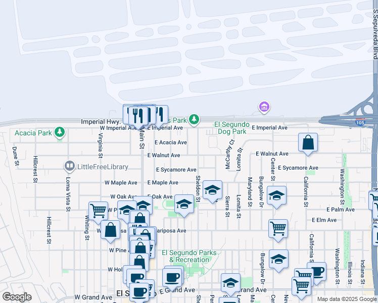 map of restaurants, bars, coffee shops, grocery stores, and more near 401 East Walnut Avenue in El Segundo
