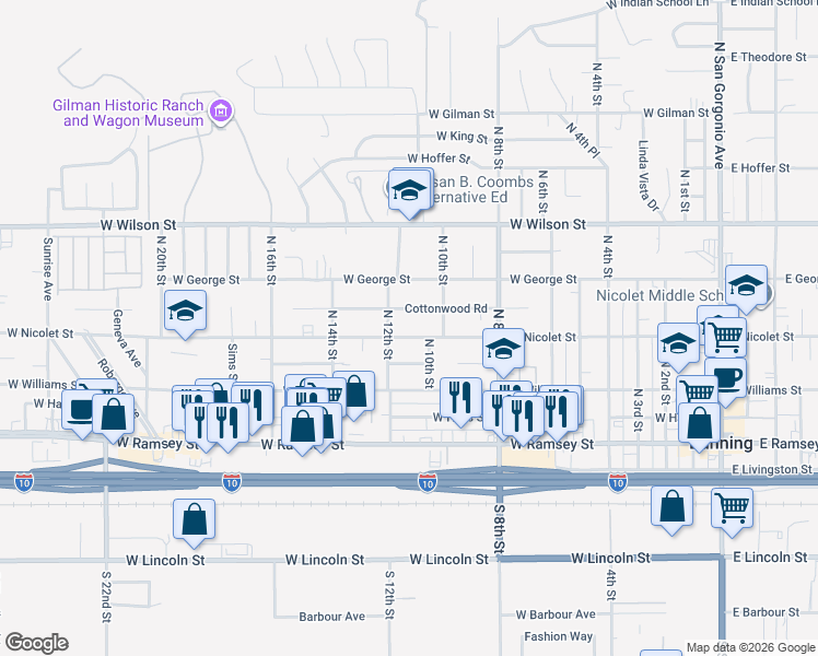 map of restaurants, bars, coffee shops, grocery stores, and more near 1131 West Nicolet Street in Banning