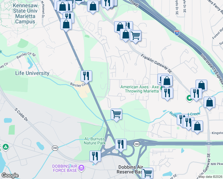 map of restaurants, bars, coffee shops, grocery stores, and more near 1722 Penny Lane Southeast in Marietta