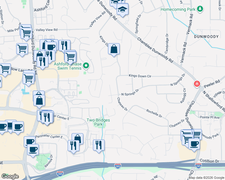 map of restaurants, bars, coffee shops, grocery stores, and more near 4530 Village Springs Place in Dunwoody