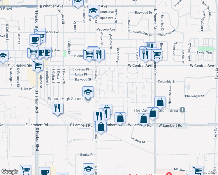 map of restaurants, bars, coffee shops, grocery stores, and more near 1672 Gatewood Court in Brea