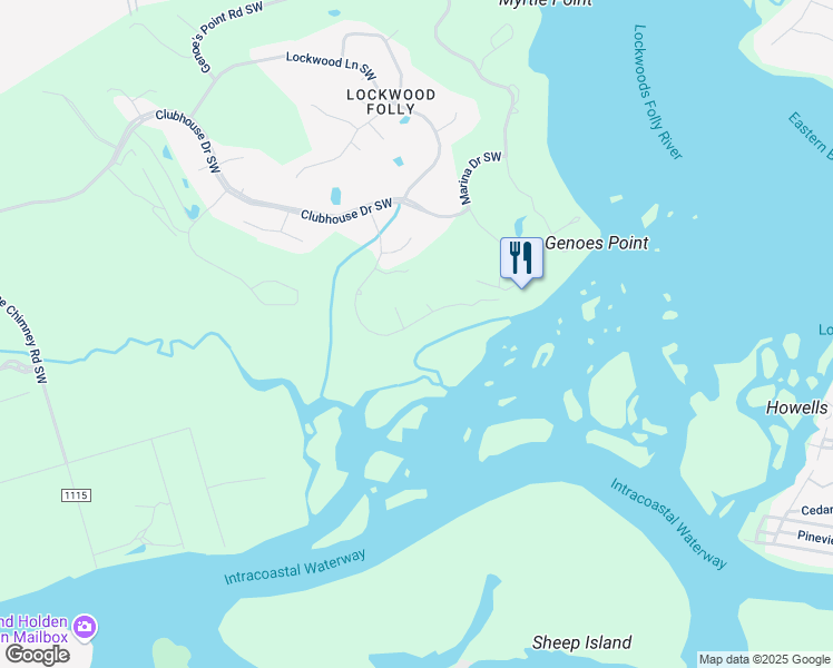 map of restaurants, bars, coffee shops, grocery stores, and more near 3343 Channelside Drive Southwest in Brunswick County