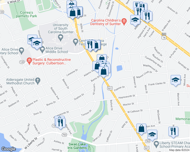 map of restaurants, bars, coffee shops, grocery stores, and more near 11 Burns Drive in Sumter