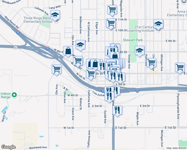 map of restaurants, bars, coffee shops, grocery stores, and more near 531 Edgar Avenue in Beaumont