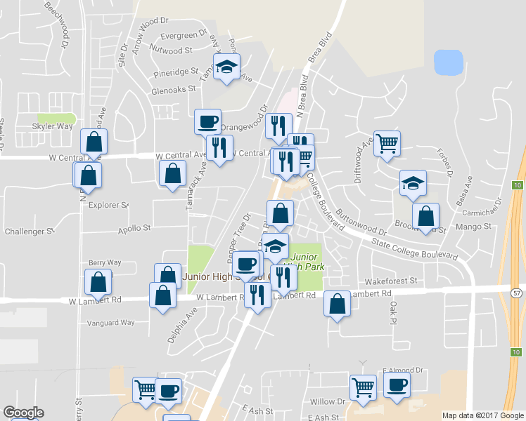map of restaurants, bars, coffee shops, grocery stores, and more near 631 Pepper Tree Drive in Brea