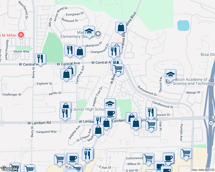 map of restaurants, bars, coffee shops, grocery stores, and more near 631 Pepper Tree Drive in Brea