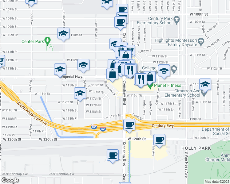 map of restaurants, bars, coffee shops, grocery stores, and more near 11534 Simms Avenue South in Inglewood