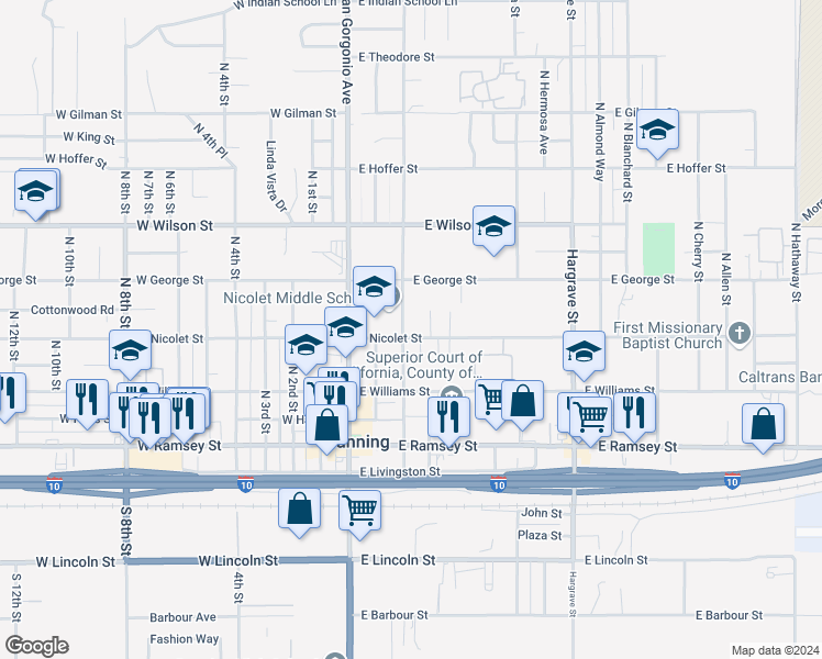 map of restaurants, bars, coffee shops, grocery stores, and more near 361 Fay Street in Banning