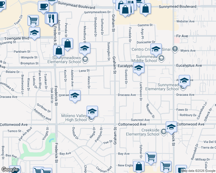 map of restaurants, bars, coffee shops, grocery stores, and more near 23442 Dracaea Avenue in Moreno Valley