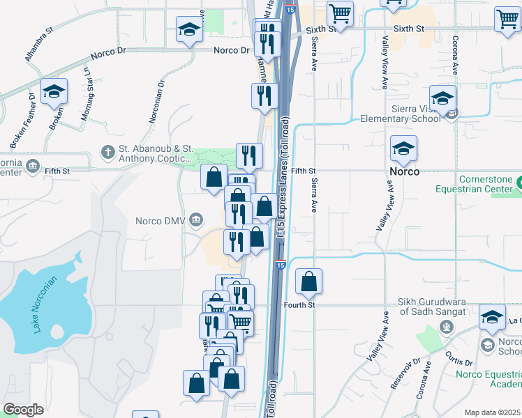 map of restaurants, bars, coffee shops, grocery stores, and more near 3220 Interstate 15 Business Loop in Norco