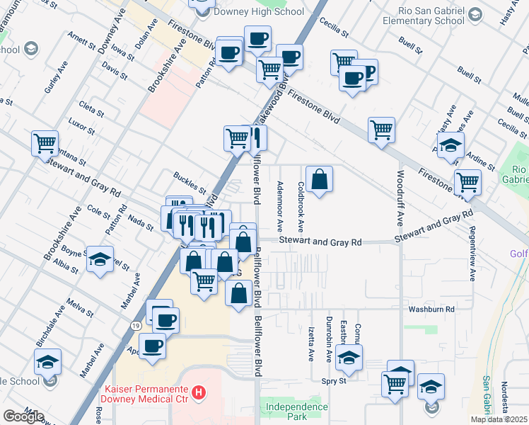 map of restaurants, bars, coffee shops, grocery stores, and more near 11714 Bellflower Boulevard in Downey