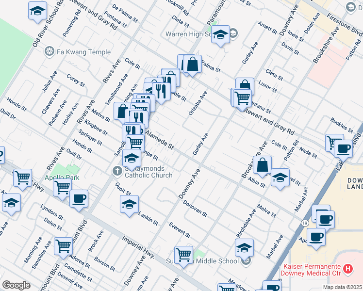 map of restaurants, bars, coffee shops, grocery stores, and more near 8215 Alameda Street in Downey