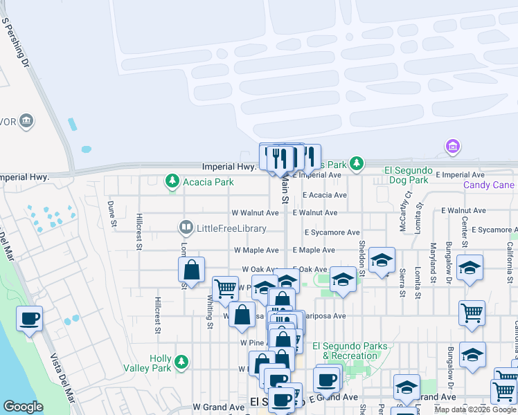 map of restaurants, bars, coffee shops, grocery stores, and more near 214 West Walnut Avenue in El Segundo