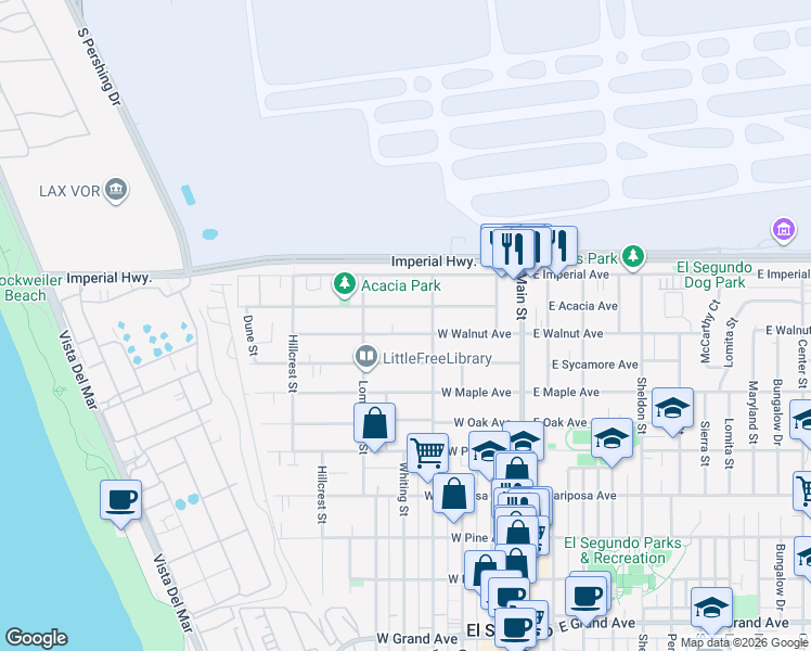 map of restaurants, bars, coffee shops, grocery stores, and more near 424 West Walnut Avenue in El Segundo