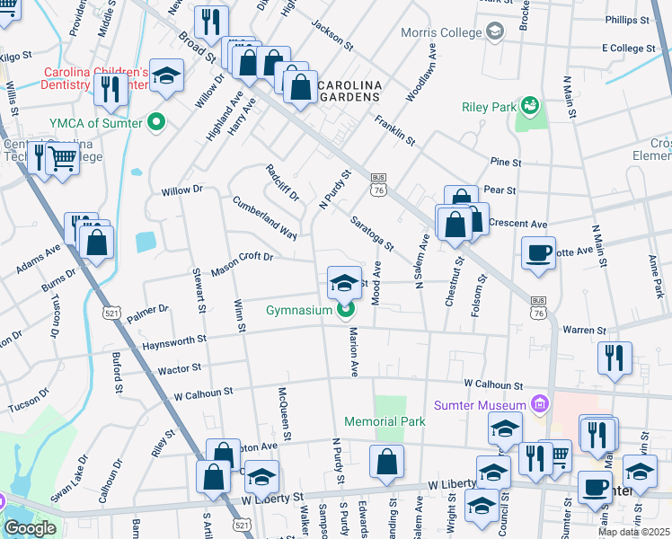 map of restaurants, bars, coffee shops, grocery stores, and more near 403 North Purdy Street in Sumter