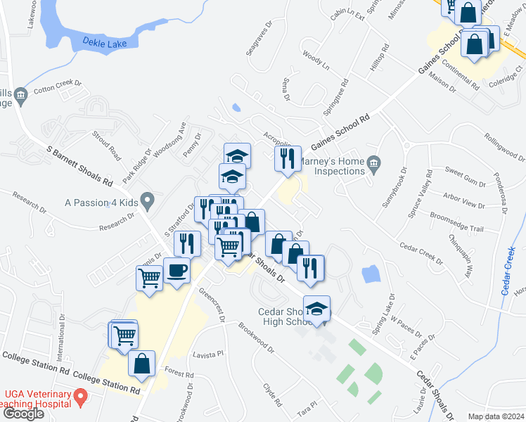map of restaurants, bars, coffee shops, grocery stores, and more near 120 Barrington Place in Athens