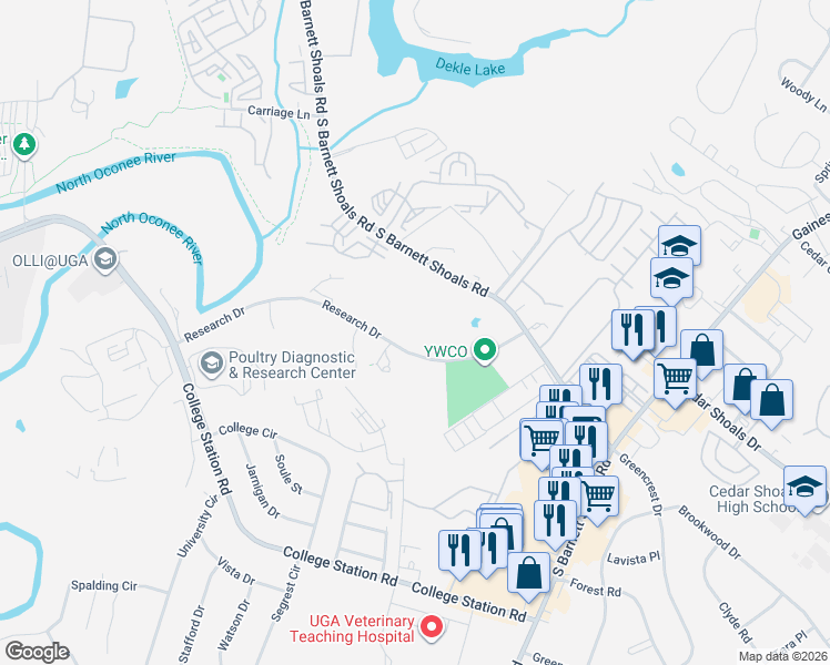 map of restaurants, bars, coffee shops, grocery stores, and more near 345 Research Drive in Athens