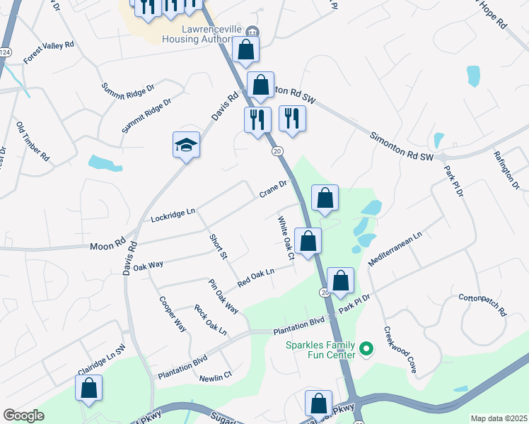 map of restaurants, bars, coffee shops, grocery stores, and more near 377 Black Oak Court in Lawrenceville