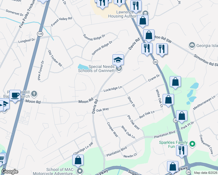 map of restaurants, bars, coffee shops, grocery stores, and more near 525 Lockridge Lane in Lawrenceville