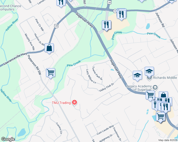 map of restaurants, bars, coffee shops, grocery stores, and more near 390 Lazy Willow Lane in Lawrenceville