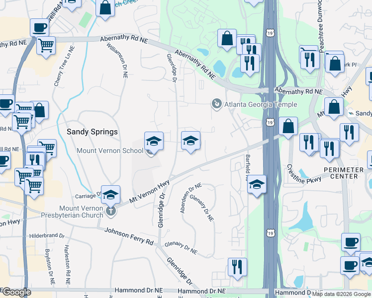 map of restaurants, bars, coffee shops, grocery stores, and more near 650 Mount Vernon Highway in Atlanta